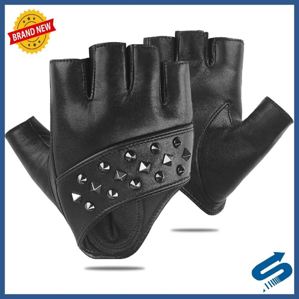 Fingerless Leather Driving Gloves Punk Metal Detailing Unlined Half Finger